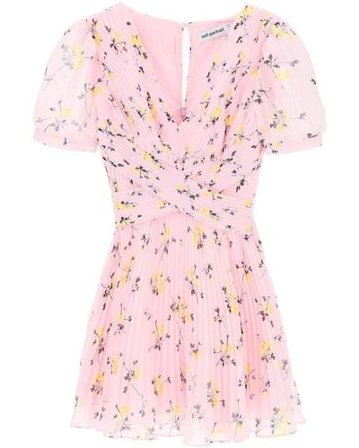 Self-Portrait Self Portrait Short-sleeved Mini Dress In Pleated Chiffon With Floral Motif - Pink