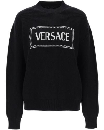 Versace Crew-neck Sweater With Logo Inlay - Black