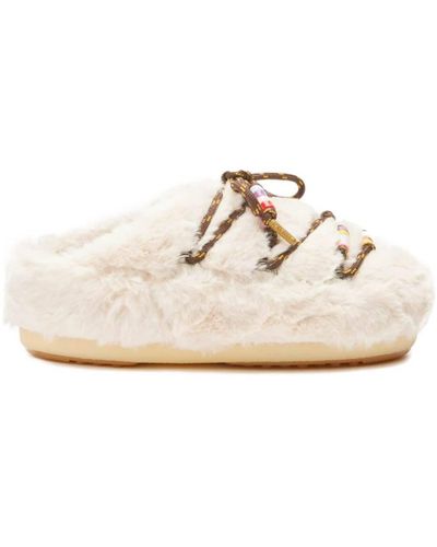 Moon Boot Faux Fur Mules With Beads - White