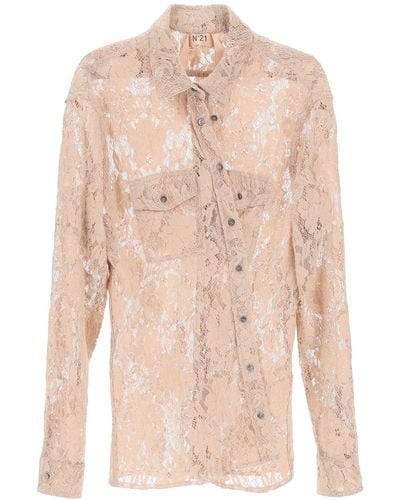 N°21 N.21 Asymettrical Buttoning Lace Shirt - Natural