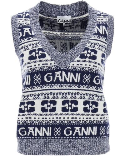 Ganni Logo-intarsia V-neck Wool-blend Vest - Multicolour
