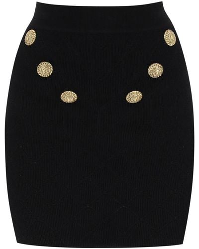 Balmain Knitted Mini Skirt With Embossed Buttons - Black