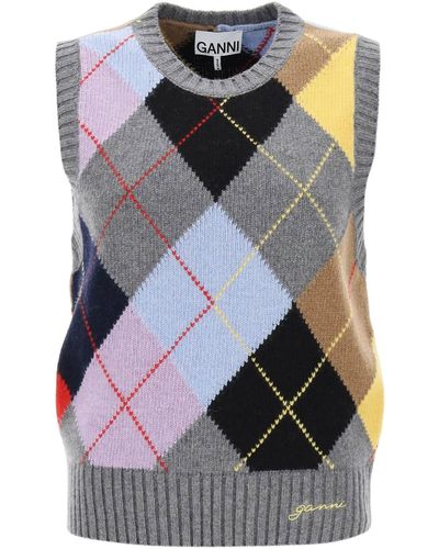 Ganni Wool Vest With Argyle Pattern - Multicolor