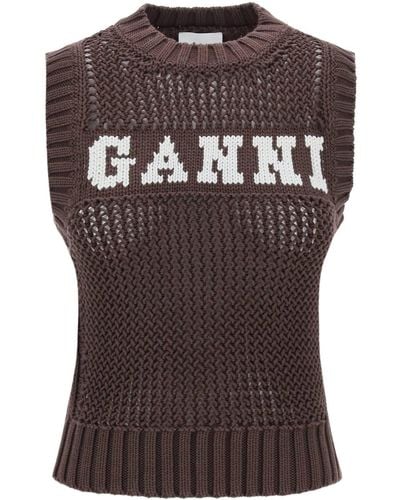 Ganni Logo Crochet Vest - Brown