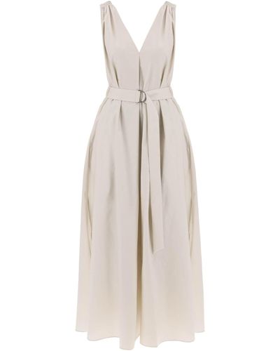 Brunello Cucinelli Maxi Flared Dress With Precious Shoulder - White