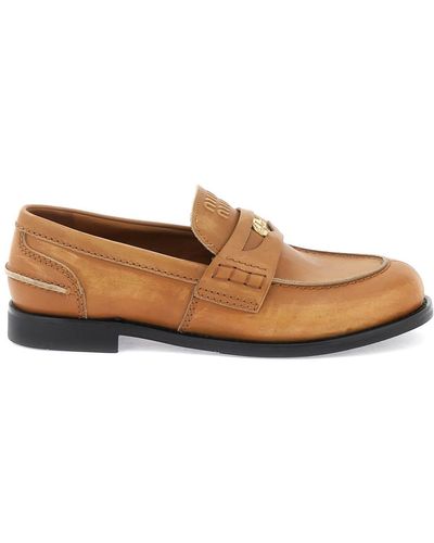 Miu Miu Used-effect Leather Loafers - Brown