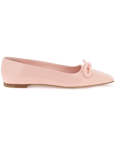 Ferragamo Patent Leather Ballet Flats With Asymmetrical Bow - Pink
