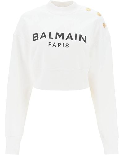 Balmain Beschnittenes Sweatshirt mit Logo -Druck und Knöpfen - Bianco