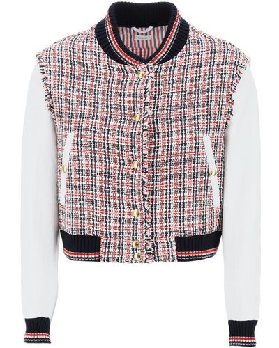 Thom Browne Bomber in tweed con maniche in pelle - Rosa