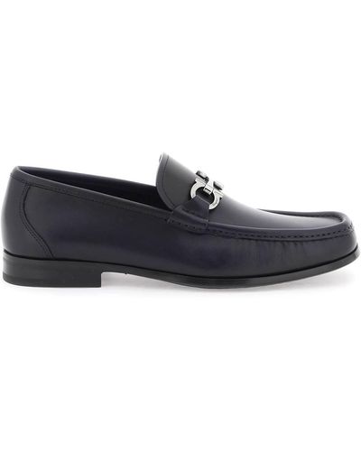 Ferragamo Smooth Leather Loafers With Gancini - Blue