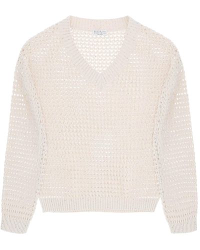 Brunello Cucinelli Dazzling Net Cotton Sweater - White