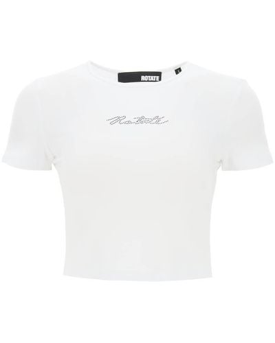 ROTATE BIRGER CHRISTENSEN Cropped T-Shirt With Rhinestone Logo - White