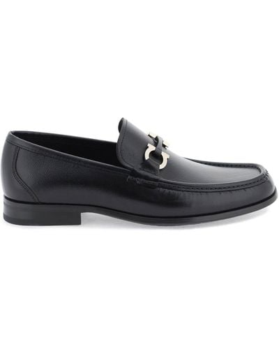 Ferragamo Grained Leather Loafers With Gancini - Black
