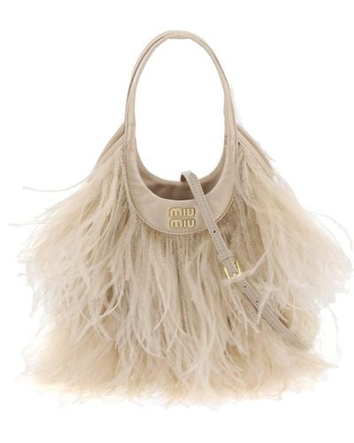 Miu Miu Satin Handbag With Feathers - Natural