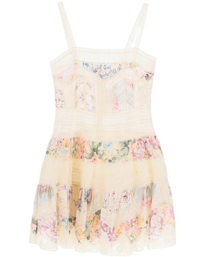 Zimmermann "Mini Halliday Dress With Floral Print And Lace - Natural