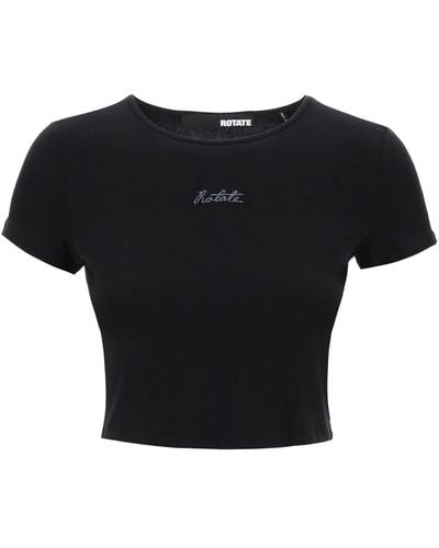 ROTATE BIRGER CHRISTENSEN Cropped T-Shirt With Embroidered Lurex Logo - Black
