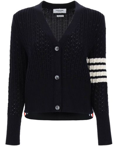Thom Browne Pointelle Stitch Merino Wool 4 Bar Cardigan - Black