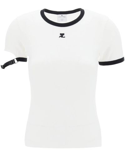 Courreges T Shirt Con Cinturino In Pelle Sulla Manica - Bianco