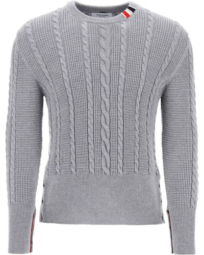 Thom Browne Cable Wool Sweater With Rwb Detail - Grey