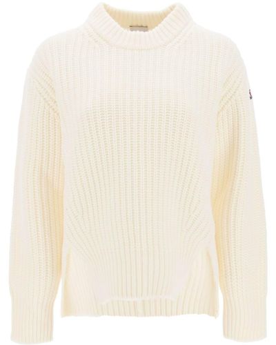 Moncler Basic Crew-neck Jumper In Carded Wool - Natural