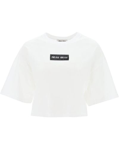 Miu Miu T-shirt cropped con logo in paillettes - Bianco