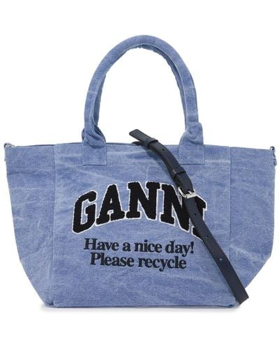 Ganni Sponge Logo Tote Bag With Nine Words - Blue
