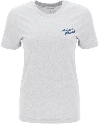 Maison Kitsuné T Shirt Con Logo Ricamato - Bianco
