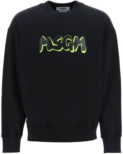 MSGM Sweatshirt With Brushed Logo And Fluo Shadow - Black