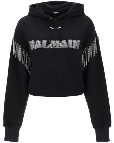 Balmain Cropped Hoodie With Rhinestone-studded Logo And Crystal Cupchains - Black