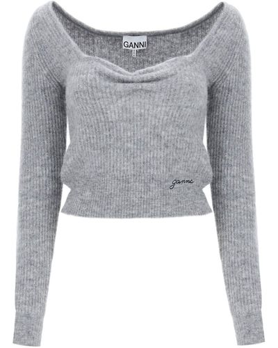 Ganni Sweater With Sweetheart Neckline - Grey