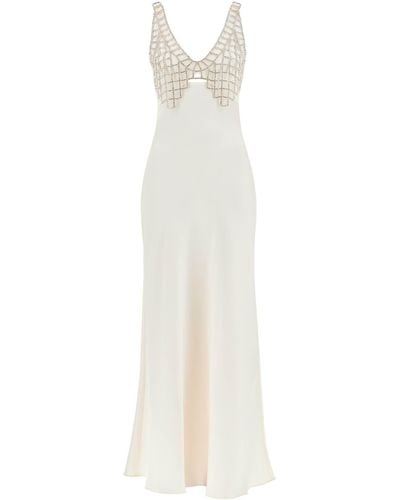 Self-Portrait Long Satin Dress With Crystals - White