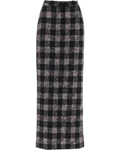 Alessandra Rich Maxi Skirt In Boucle' Fabric With Check Motif - Black
