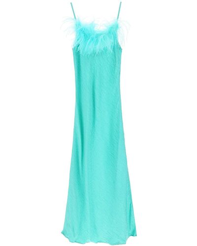 Art Dealer 'ella' Maxi Slip Dress In Jacquard Satin With Feathers - Blue