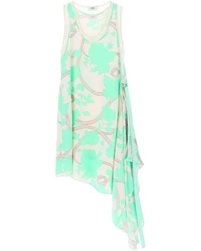 Fendi Asymmetrical Silk Satin Dress With ' Roses' Motif - Green