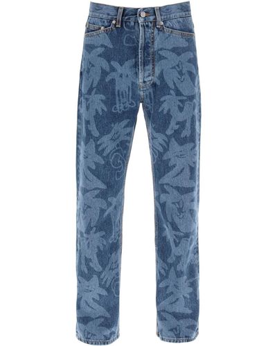 Palm Angels JEANS STRAIGHT PALMITY ALLOVER - Blu
