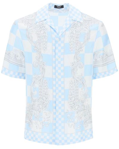 Versace Printed Silk Bowling Shirt In Eight - Blue