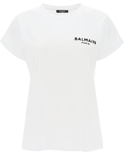 Balmain T -Shirt mit flockendem Logo -Druck - Bianco