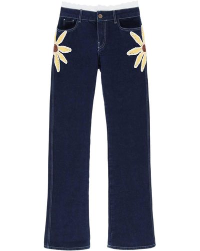 Siedres Low-Rise Jeans With Crochet Flowers - Blue