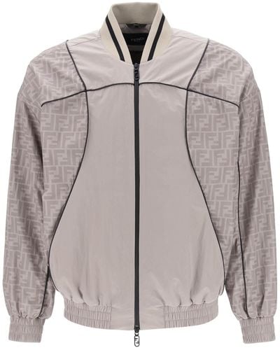 Fendi Windbreaker Nylon Bomber Jacket With Monogram - Grey