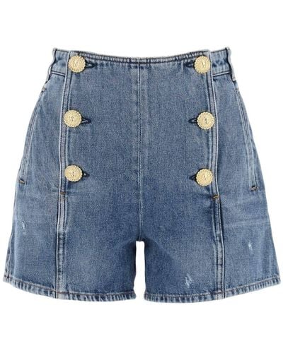 Balmain "Striped Denim Shorts With Embossed Buttons - Blue
