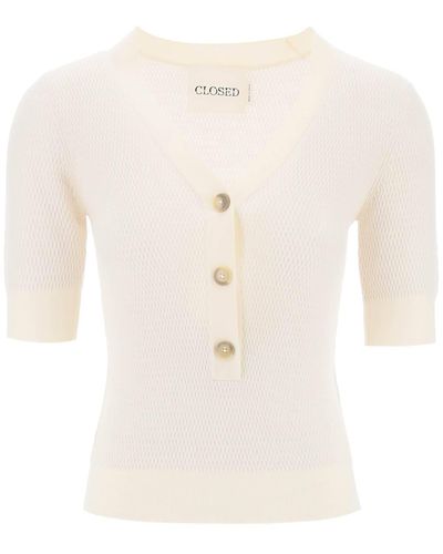 Closed Knitted Top With Short Sleeves - Natural