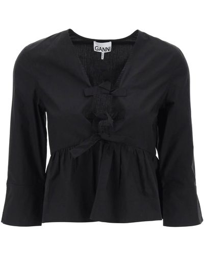 Ganni Blusa Peplo In Popeline - Nero