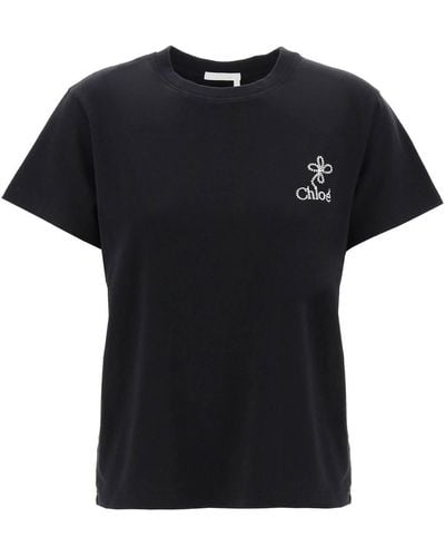 Chloé T-Shirt Con Ricamo Logo A Contrasto - Nero