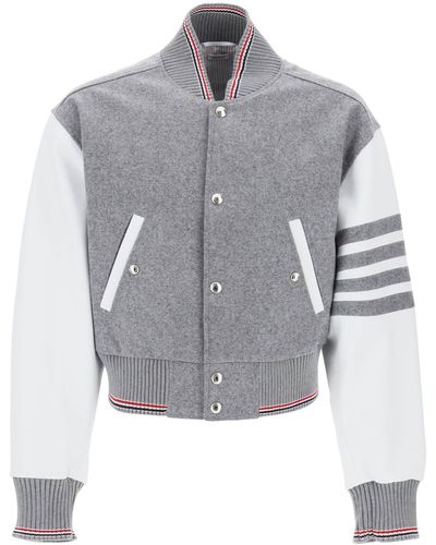 Thom Browne Wool Bomber Jacket With Leather Sleeves And - Gray