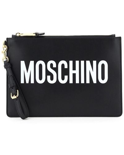 Moschino Logo Print Leather Pouch - Black
