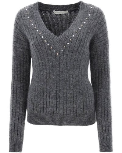 Alessandra Rich Wool Knit Sweater With Studs And Crystals - Grey