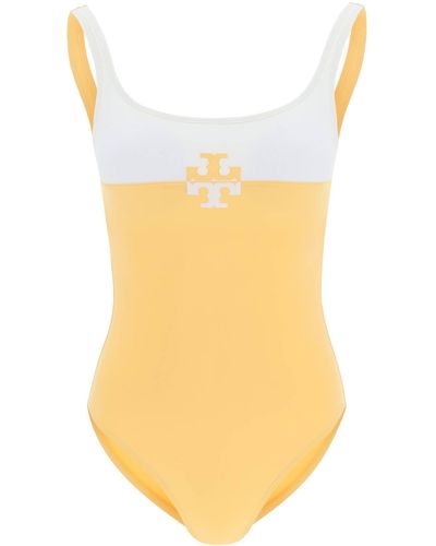 Tory Burch Two-tone Swimsuit With Monogram - Yellow