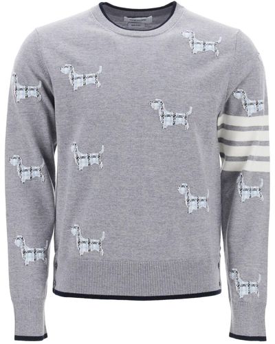 Thom Browne 4 Bar Sweater With Hector Pattern - Grey