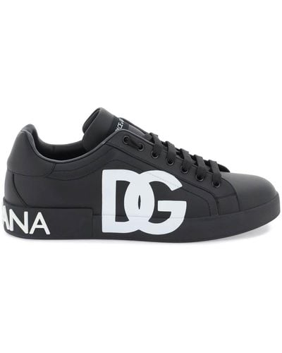 Dolce & Gabbana Leather Portofino Trainers With Dg Logo - Black