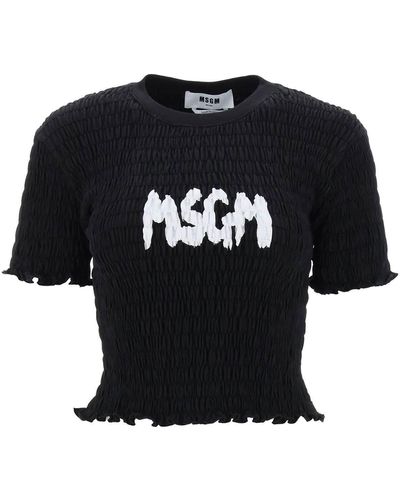 MSGM T Shirt In Punto Smock Con Stampa Logo - Nero